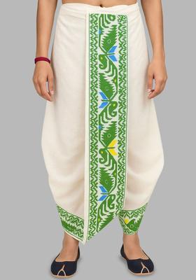 White Printed Silk Dhoti For Men 