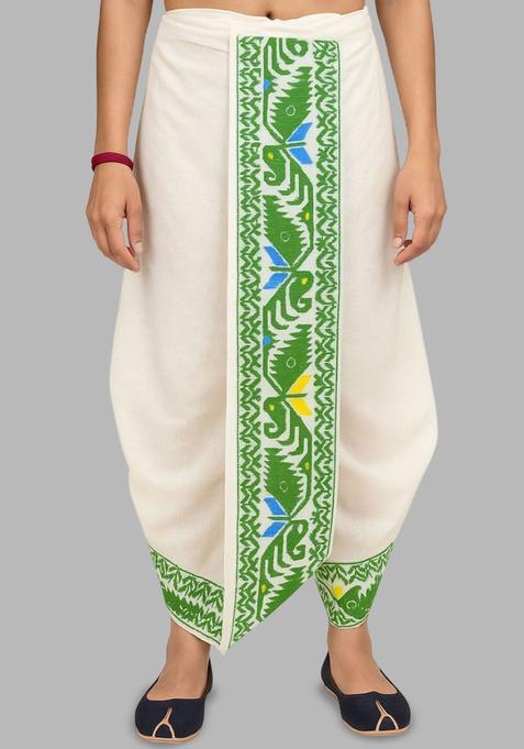 White Printed Silk Dhoti For Men 