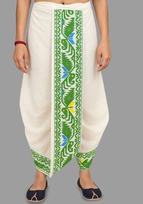 White Printed Silk Dhoti For Men 