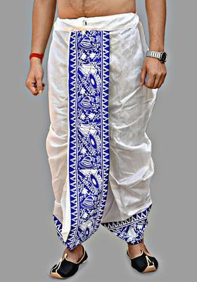 White Printed Silk Dhoti For Men 