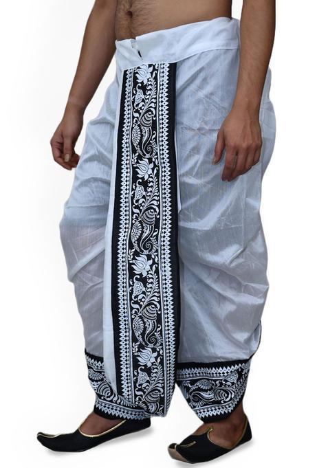 White Embroidered Silk Dhoti For Men 