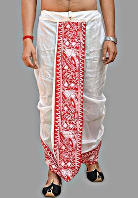 White Printed Silk Dhoti For Men 