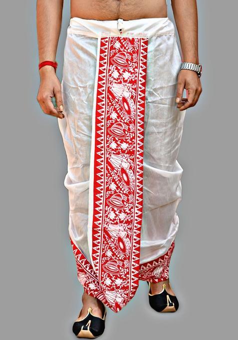 White Printed Silk Dhoti For Men 