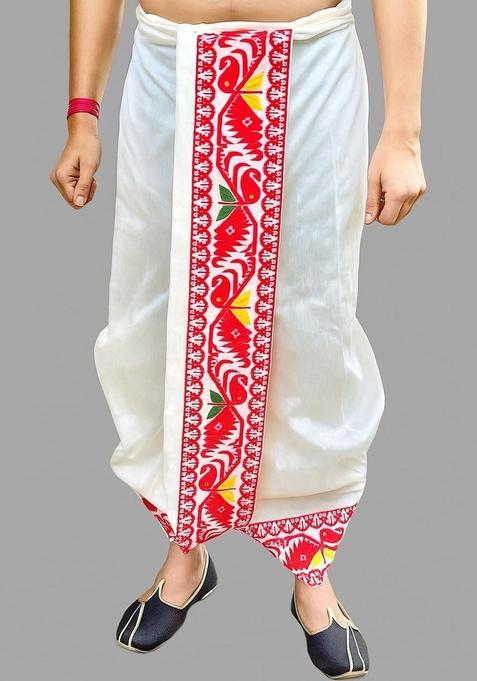 White Solid Silk Dhoti For Men 