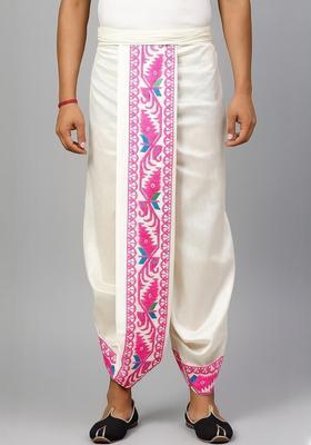 White Solid Silk Dhoti For Men 
