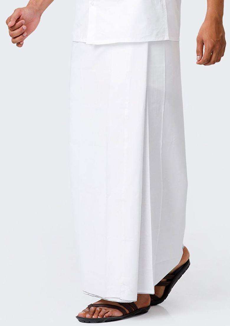 White Solid Cotton Dhoti For Men  - Indya