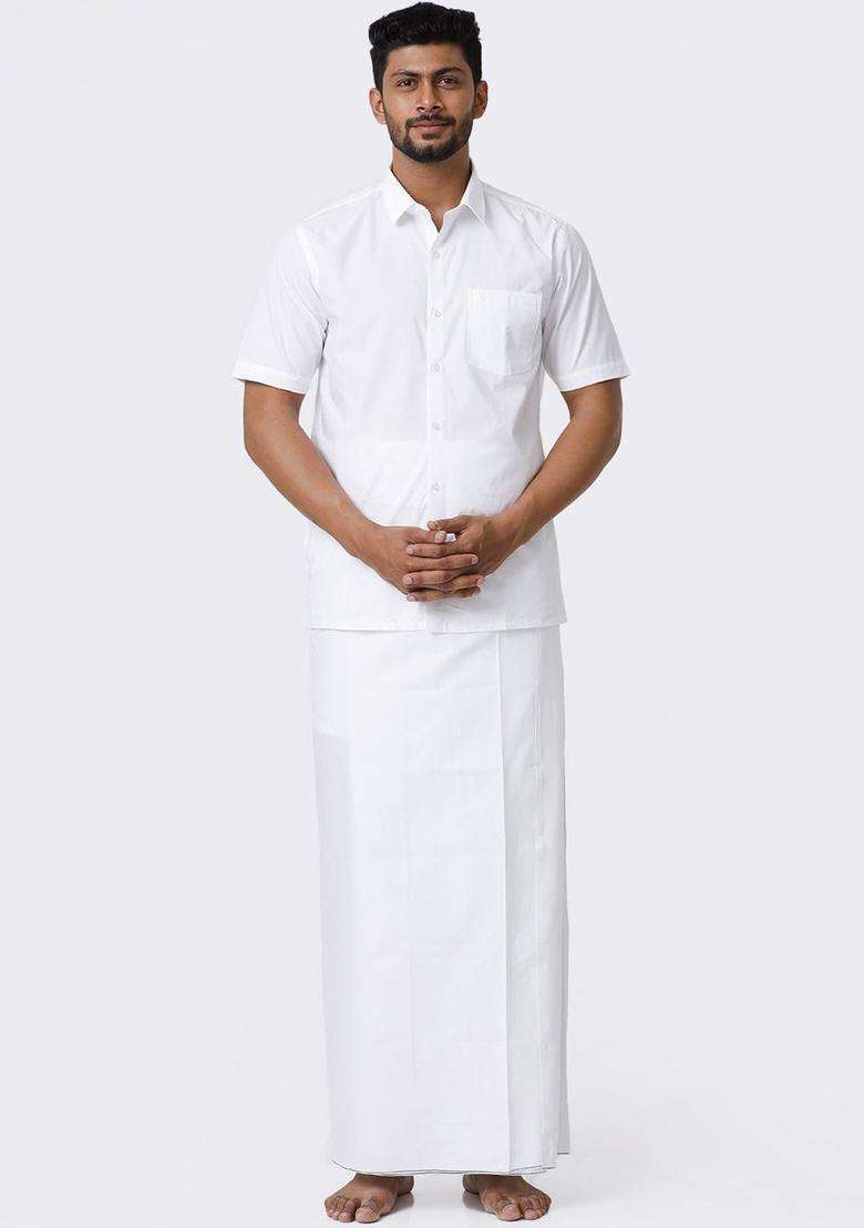 White Solid Cotton Dhoti For Men  - Indya