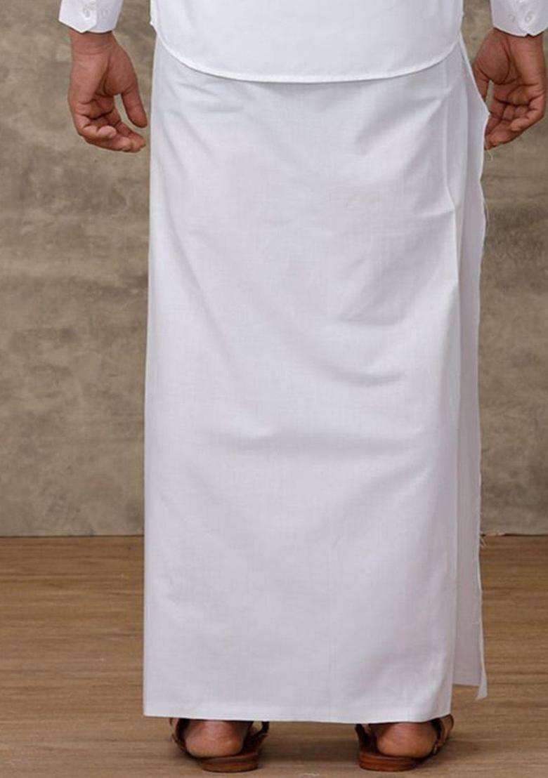 White Solid Cotton Dhoti For Men  - Indya