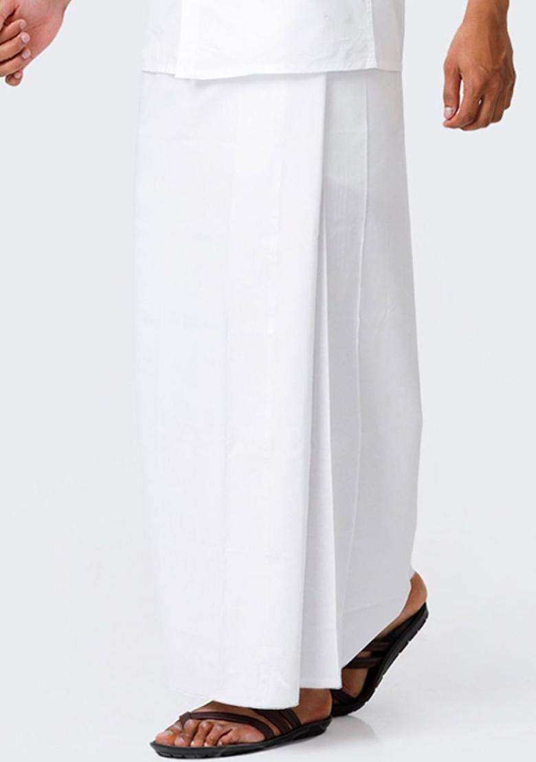 White Solid Cotton Dhoti For Men  - Indya