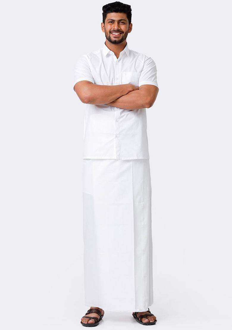 White Solid Cotton Dhoti For Men  - Indya