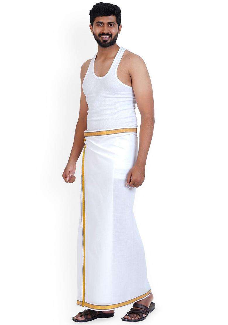 White Solid Cotton Dhoti For Men  - Indya