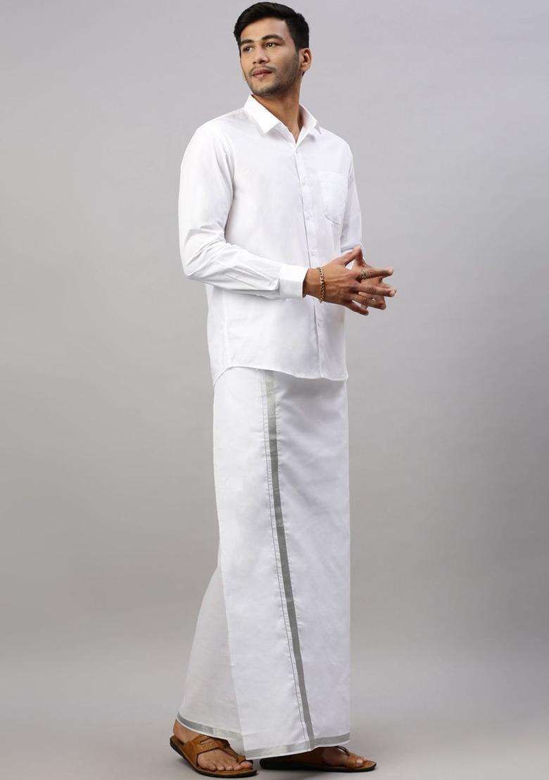 White Solid Cotton Dhoti For Men  - Indya
