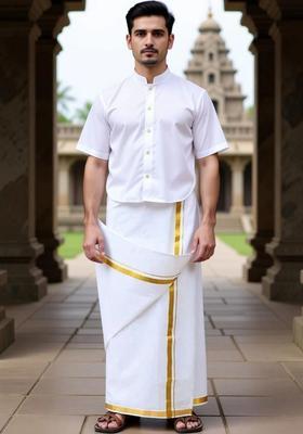 White Striped Cotton Dhoti For Men 
