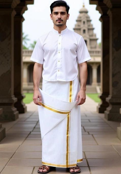 White Striped Cotton Dhoti For Men 