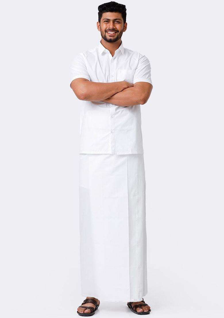 White Solid Cotton Dhoti For Men  - Indya