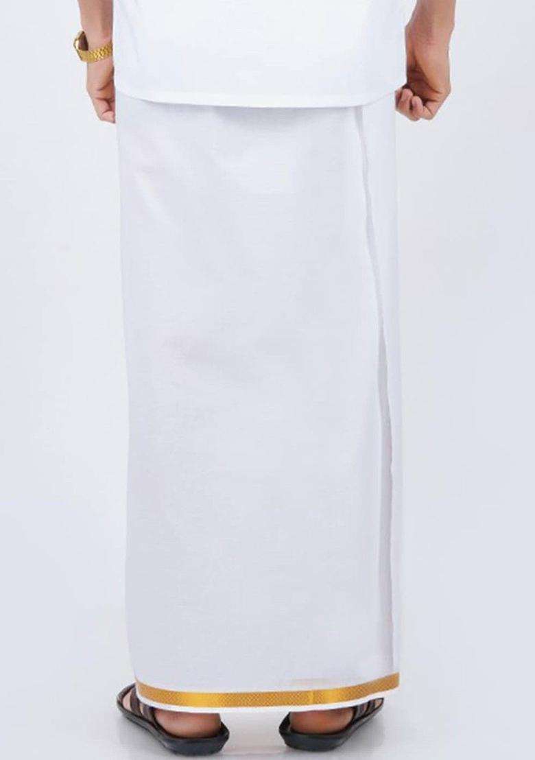 White Solid Cotton Dhoti For Men  - Indya