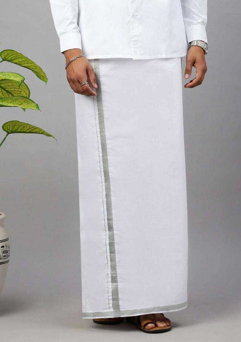 White Solid Cotton Dhoti For Men  - Indya