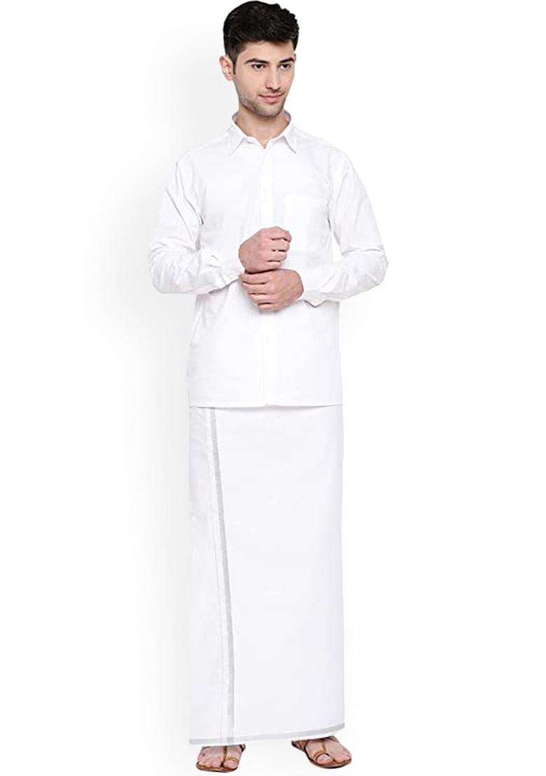 White Solid Cotton Dhoti For Men  - Indya