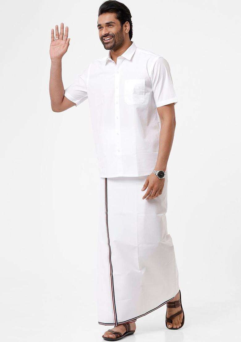 White Solid Cotton Dhoti For Men  - Indya