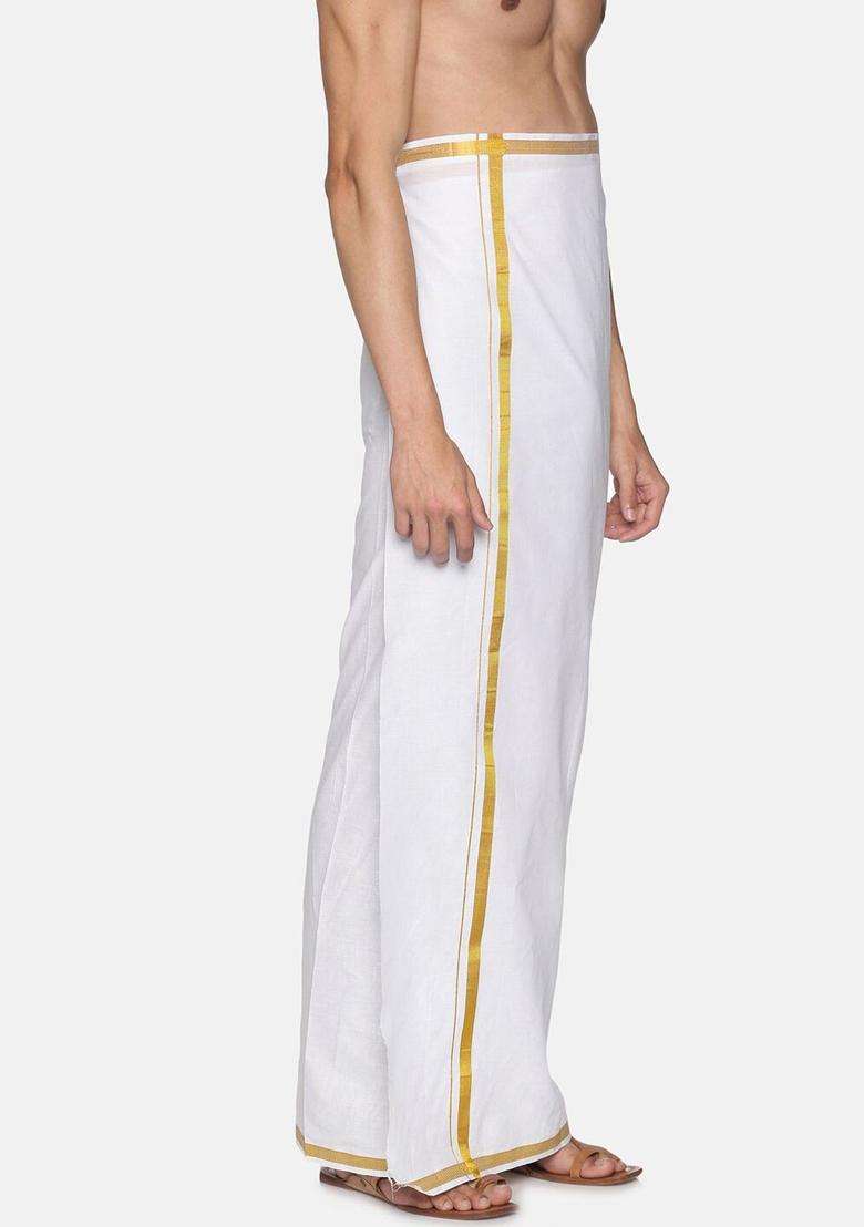 White Solid Cotton Dhoti For Men  - Indya