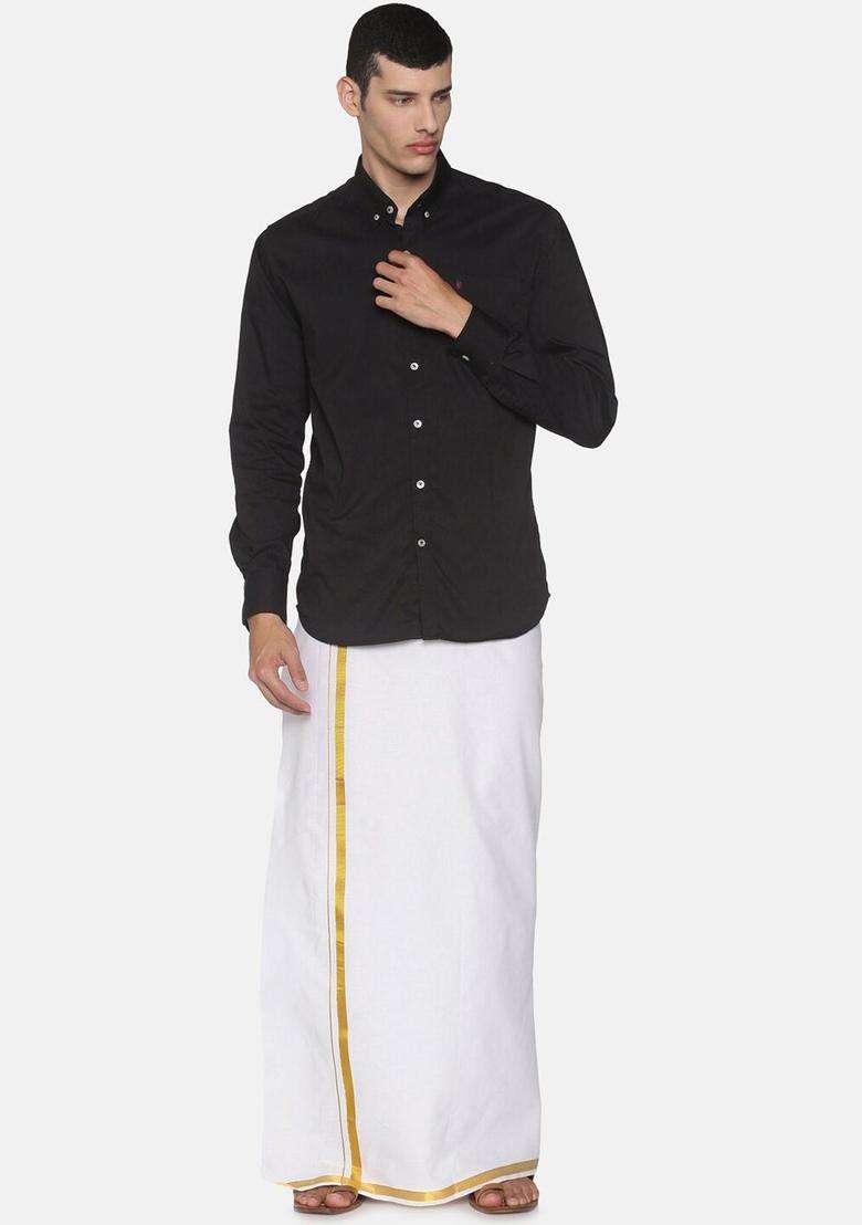 White Solid Cotton Dhoti For Men  - Indya