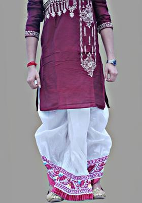 White Printed Silk Dhoti For Men 