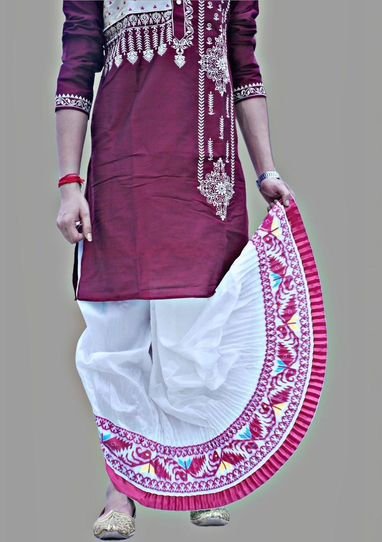 White Printed Silk Dhoti For Men  - Indya
