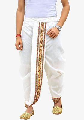 White Printed Silk Dhoti For Men 