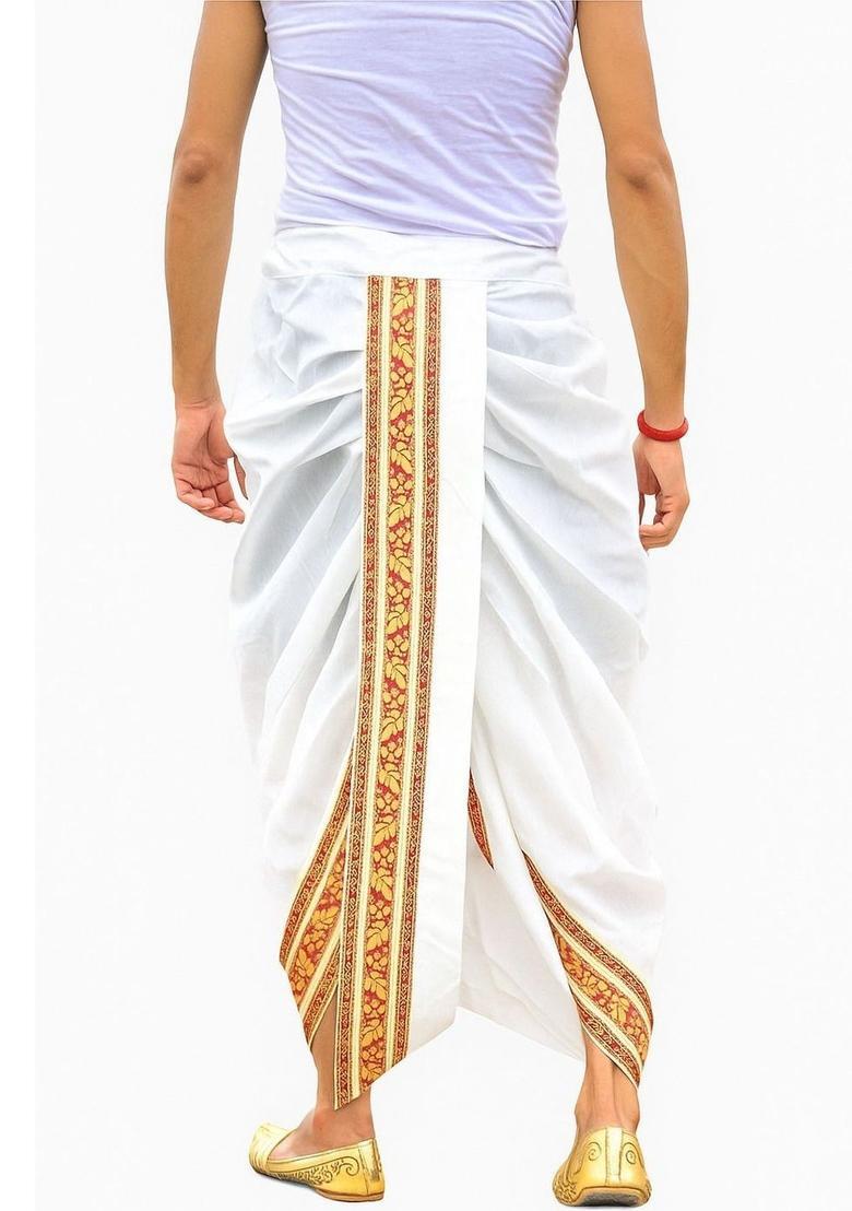White Printed Silk Dhoti For Men  - Indya