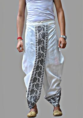 White Printed Silk Dhoti For Men 
