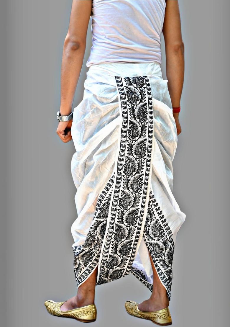 White Printed Silk Dhoti For Men  - Indya