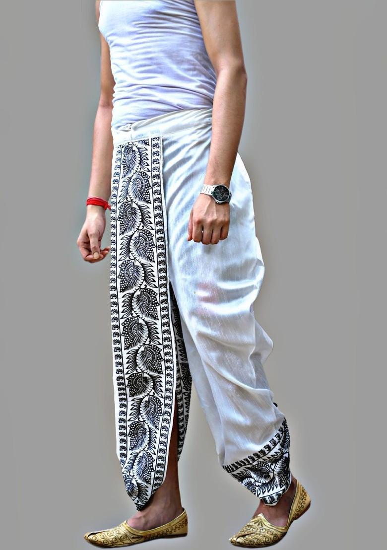White Printed Silk Dhoti For Men  - Indya
