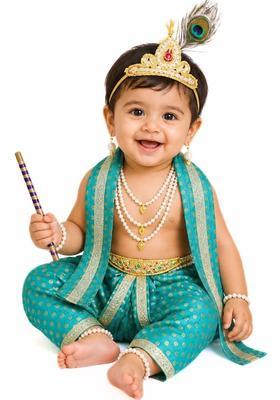 Teal Printed Silk Costume For Boys 