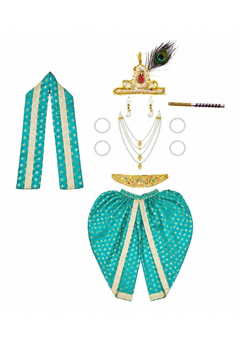Teal Printed Silk Costume For Boys  - Indya