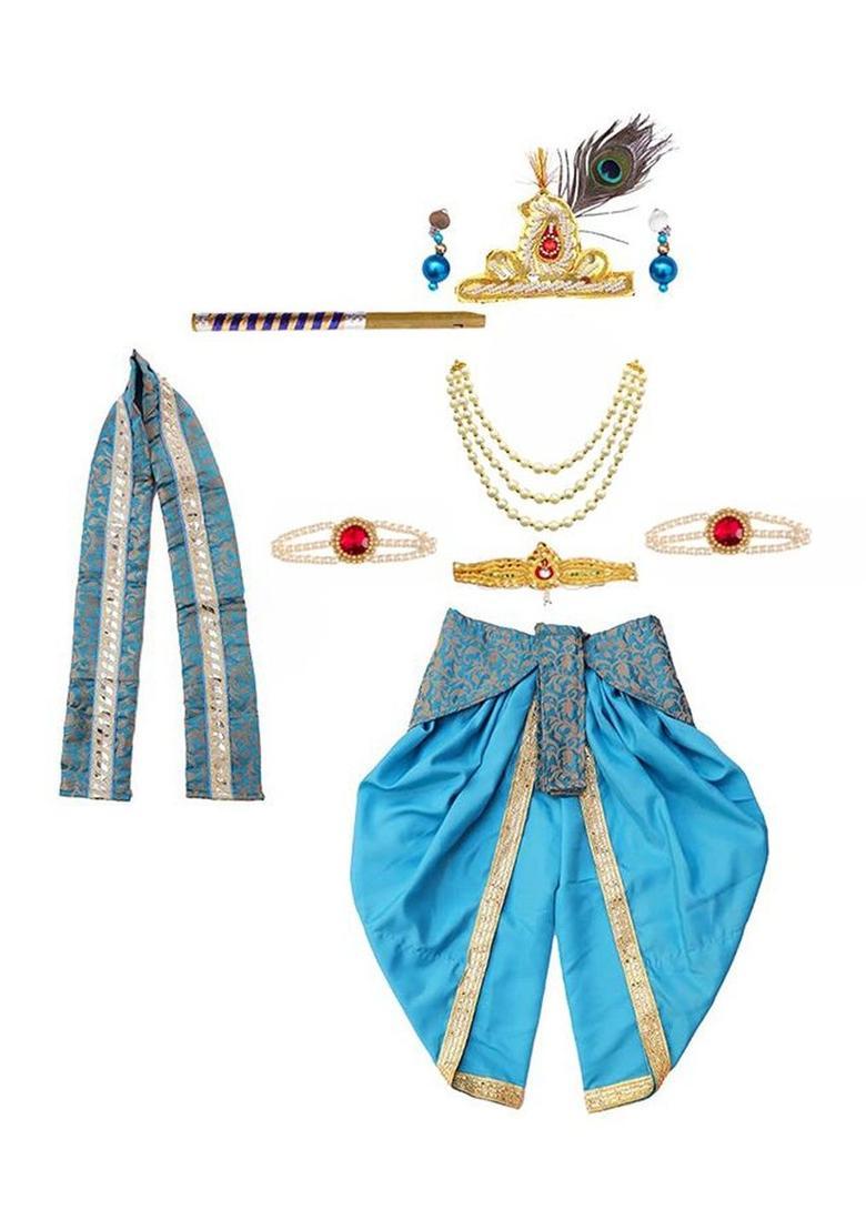 Blue Self Design Silk Costume For Boys  - Indya