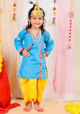 Blue Solid Silk Costume For Boys 