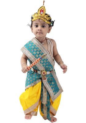 Green Woven Design Cotton Costume For Boys 