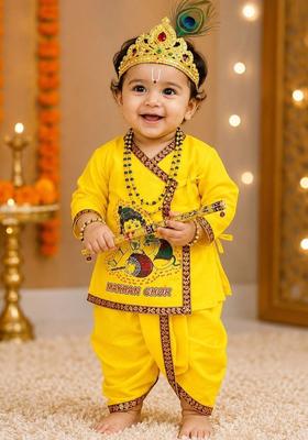 Yellow Printed Cotton Costume For Boys 