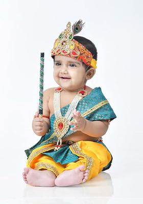 Turquoise Blue Woven Design Silk Costume For Boys 