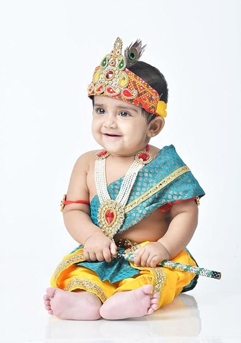 Turquoise Blue Woven Design Silk Costume For Boys  - Indya