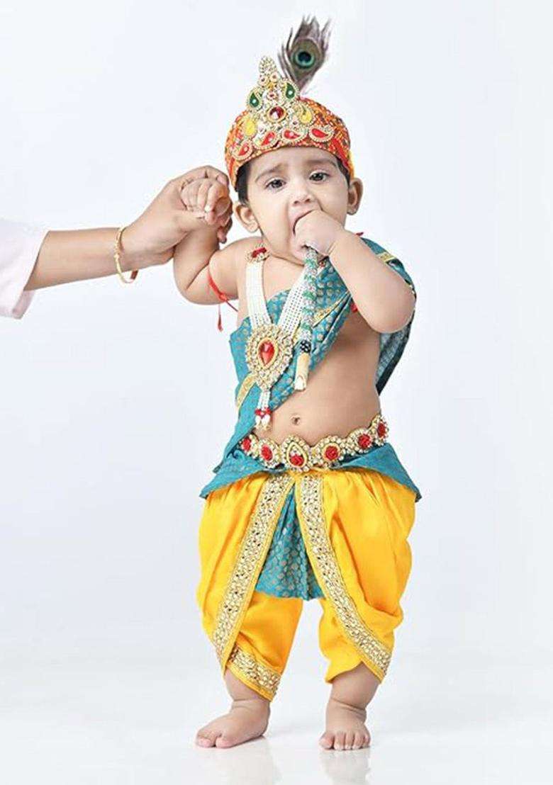 Turquoise Blue Woven Design Silk Costume For Boys  - Indya