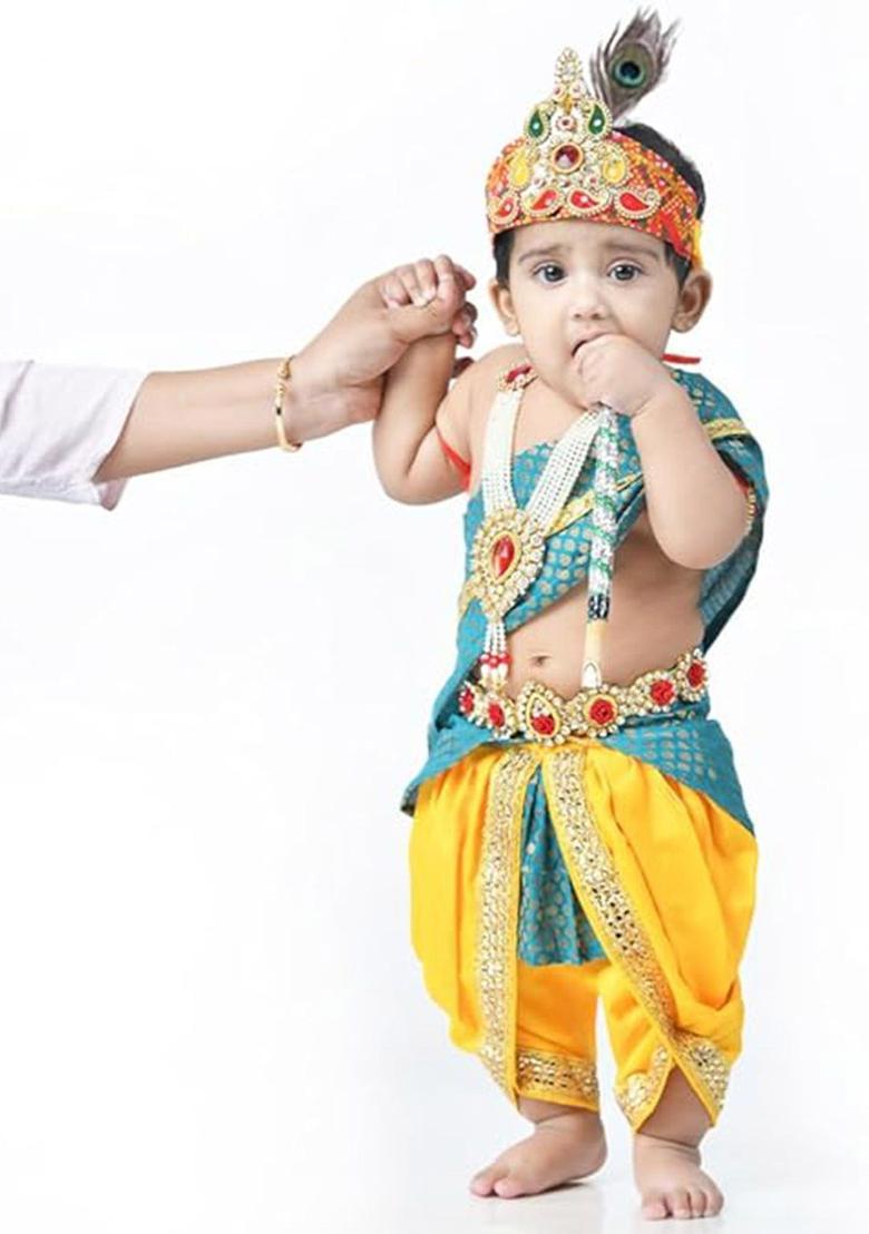Turquoise Blue Woven Design Silk Costume For Boys  - Indya