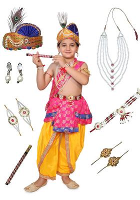Pink Woven Design Silk Costume For Boys 