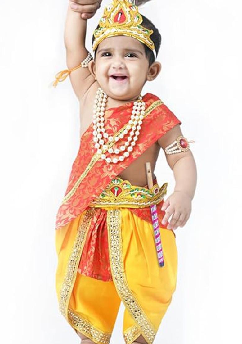 Red Colourblocked Silk Costume For Boys  - Indya