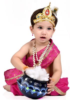 Pink Embellished Silk Costume For Boys 