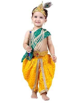 Green Woven Design Silk Costume For Boys 