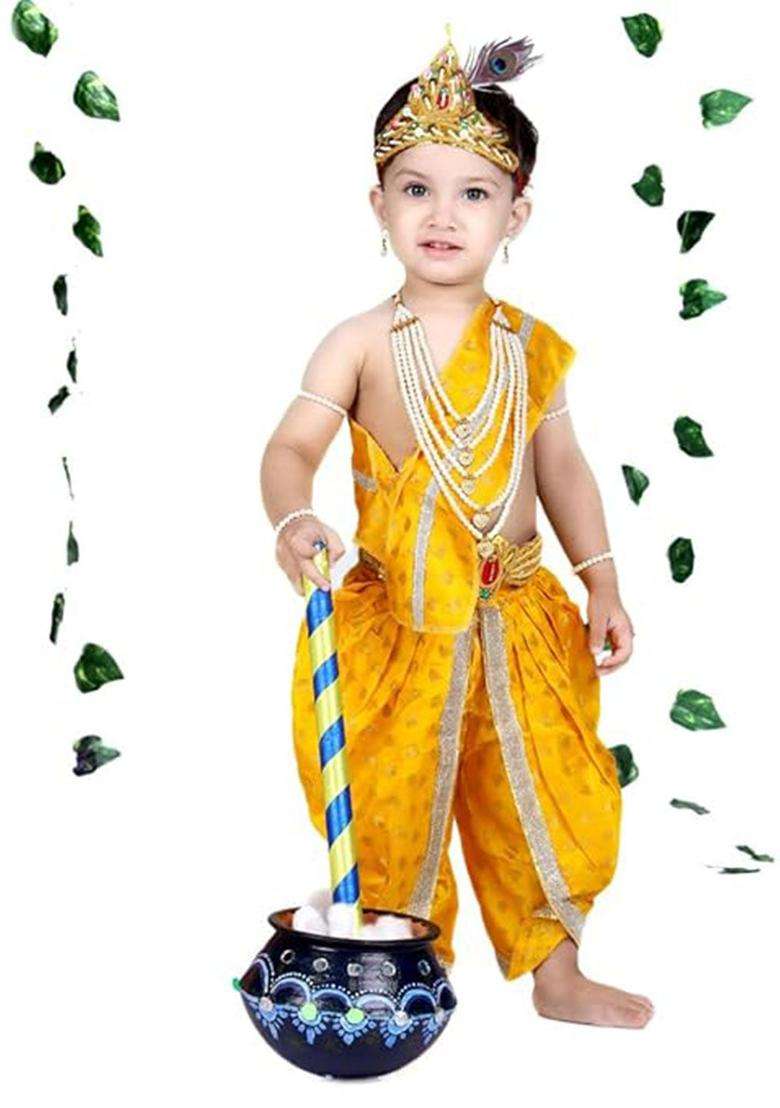 Yellow Embellished Silk Costume For Boys  - Indya