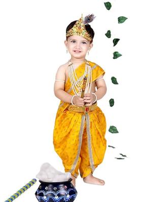 Yellow Embellished Silk Costume For Boys 