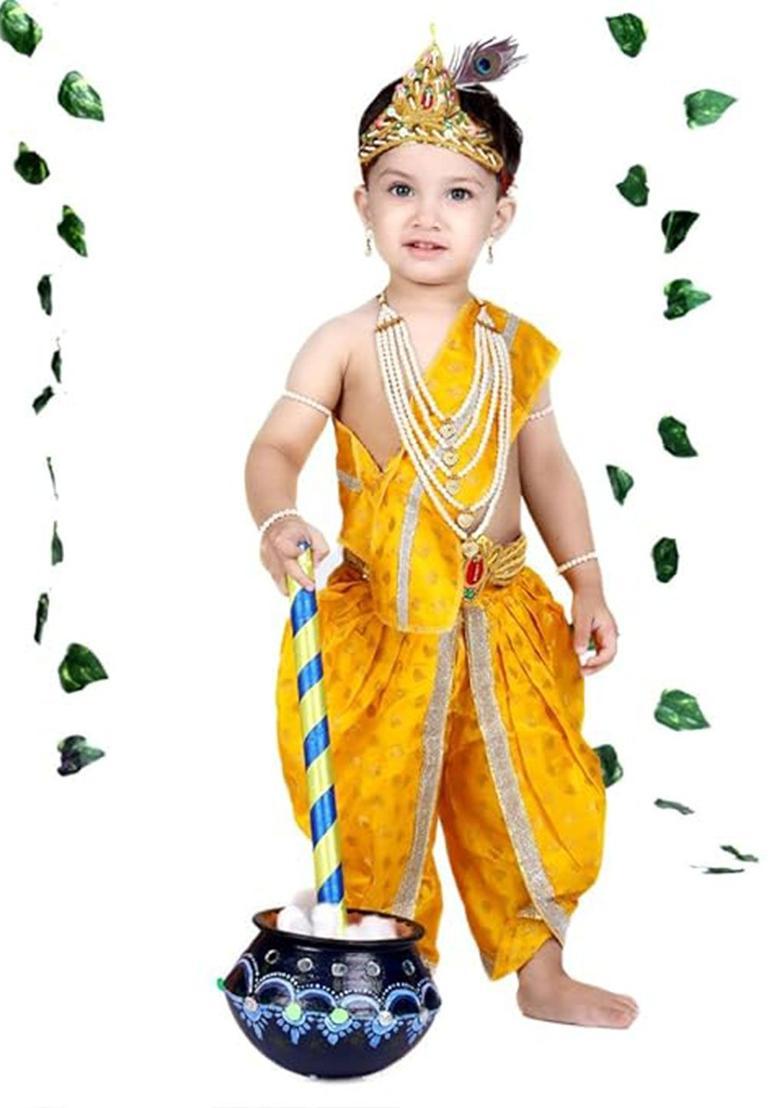 Yellow Embellished Silk Costume For Boys  - Indya