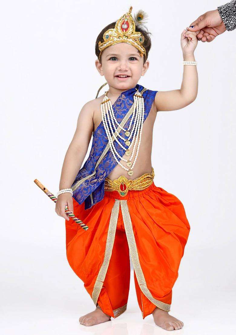 Orange Embellished Silk Costume For Boys  - Indya